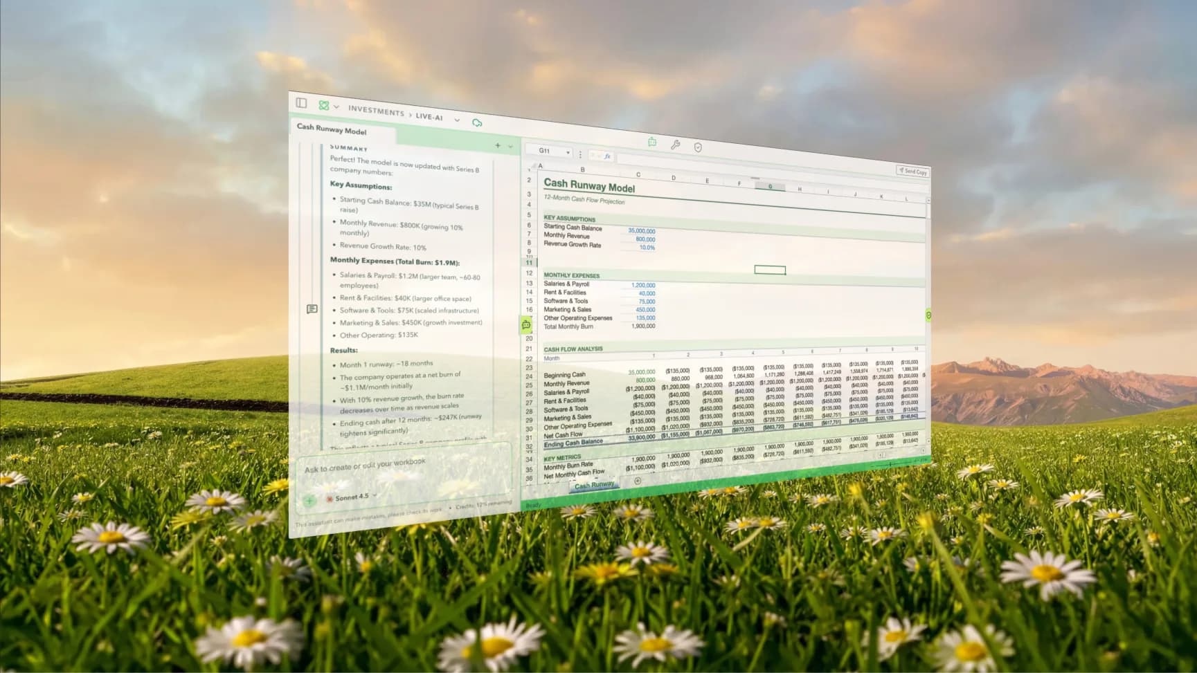 Atomiq displaying a cash runway model and AI-generated analysis over a field of flowers